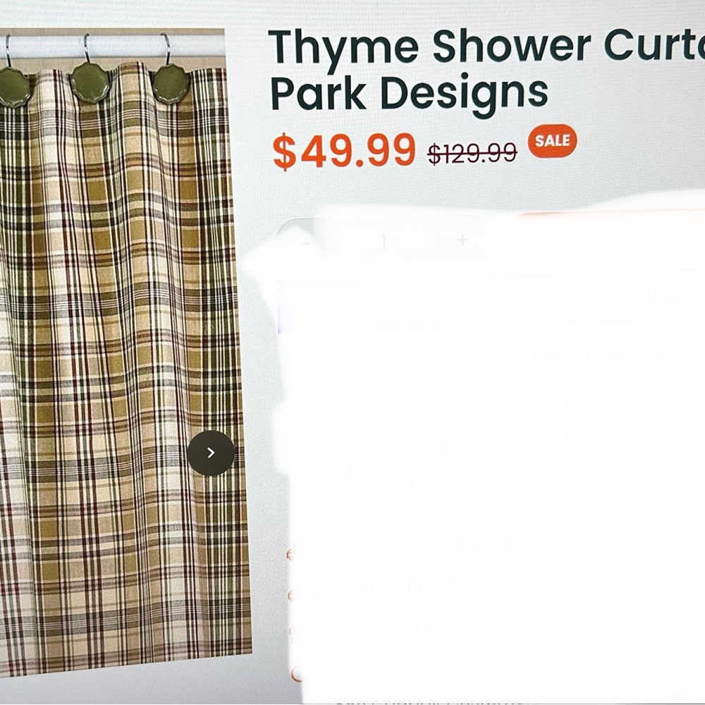 Primitive Green, tan, burgundy and Cream Plaid Shower Curtain.